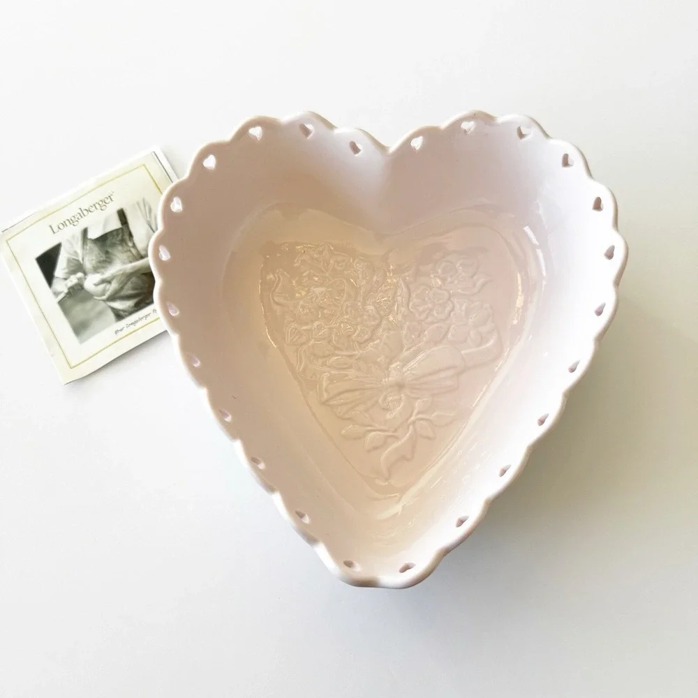 Longaberger 2005 Sweetest Heart PINK Heart Shape Bowl Dish And Candle Plate Read